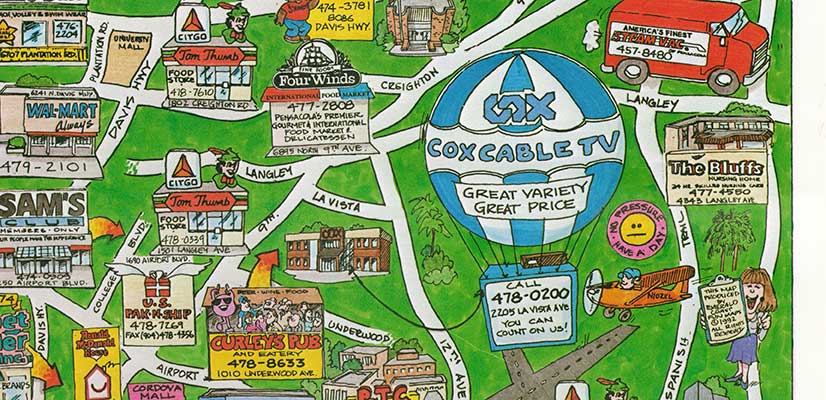 Vintage Pensacola 90s Cartoon Business Map